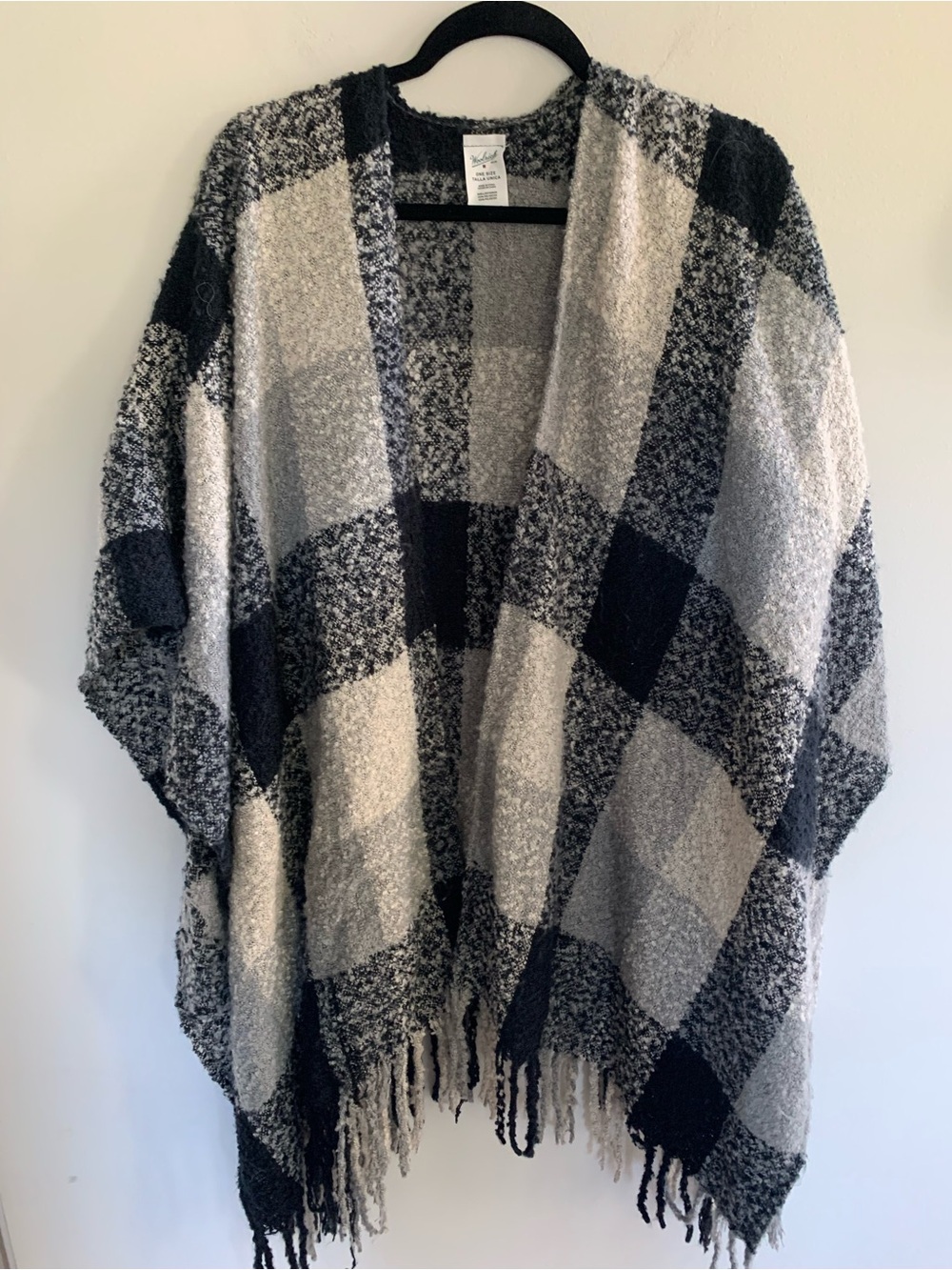 Woolrich Cozy Black & Gray Plaid Fringe Poncho